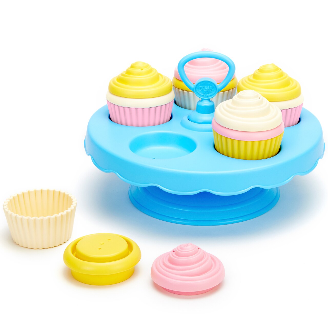 Green Toys: Cupcake Set - 16pc Mix & Match Dessert Assembly, Bakery Stand, Pastel Hues, Kitchen Food Pretend Play, Recycled Material, Kids-Toddlers 2+